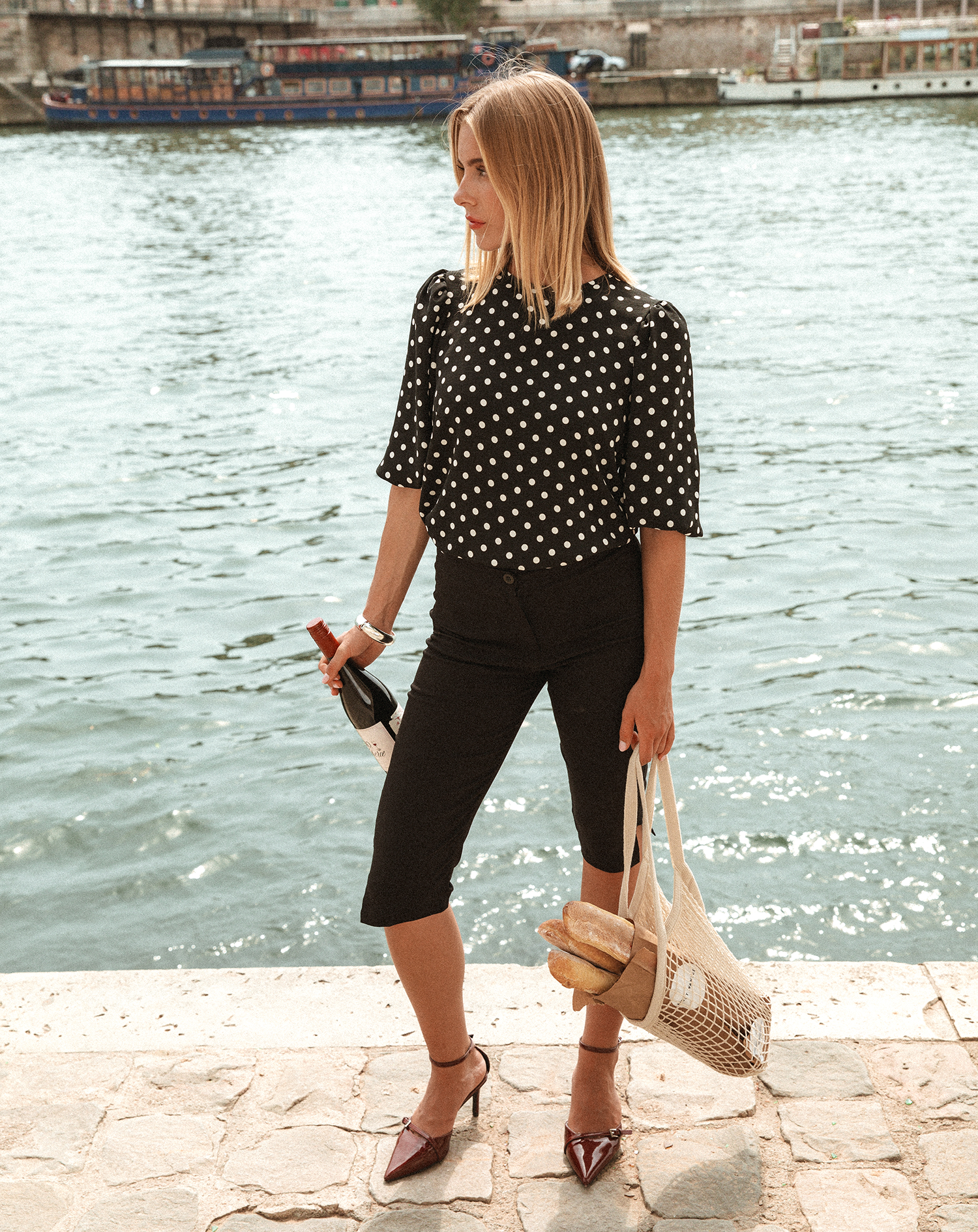 DOT PUFF SLEEVE TOP ZWART