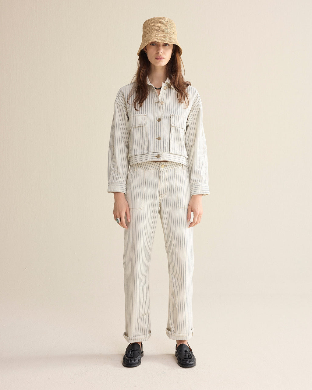 Denim jasje met visgraatstreep