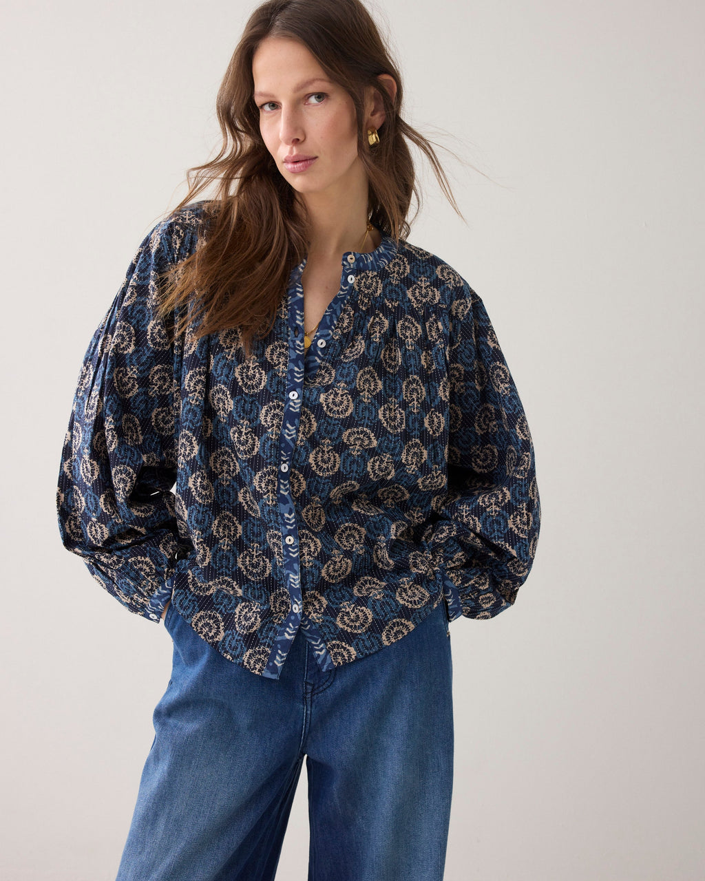 Blockprint-blouse met vleermuismouw
