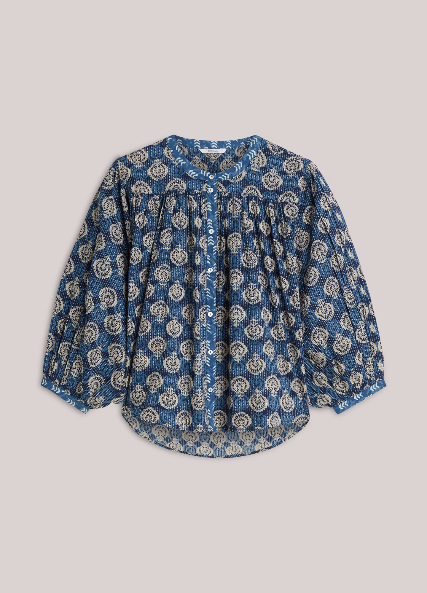 Blockprint-blouse met vleermuismouw