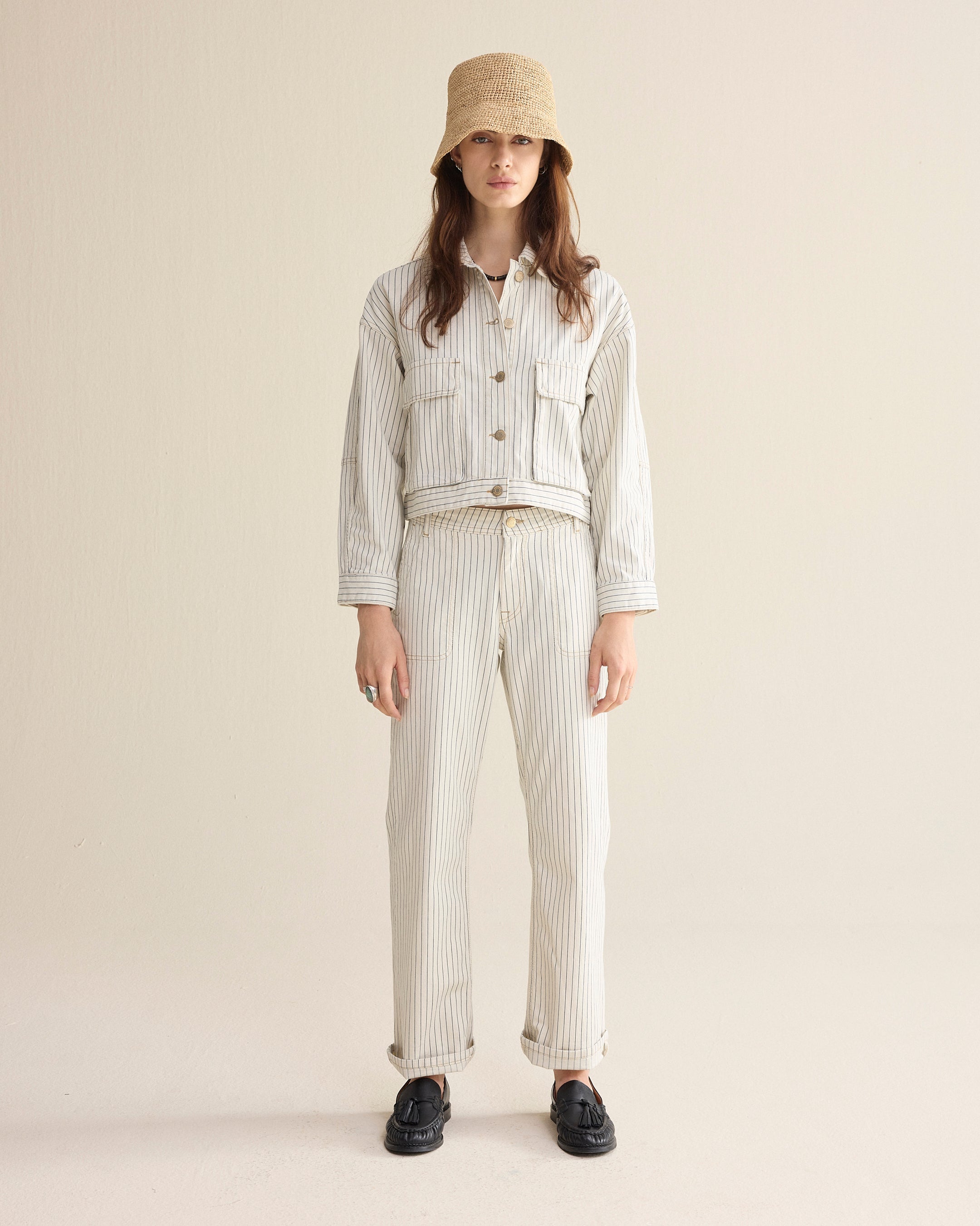 Denim broek met visgraatstreep