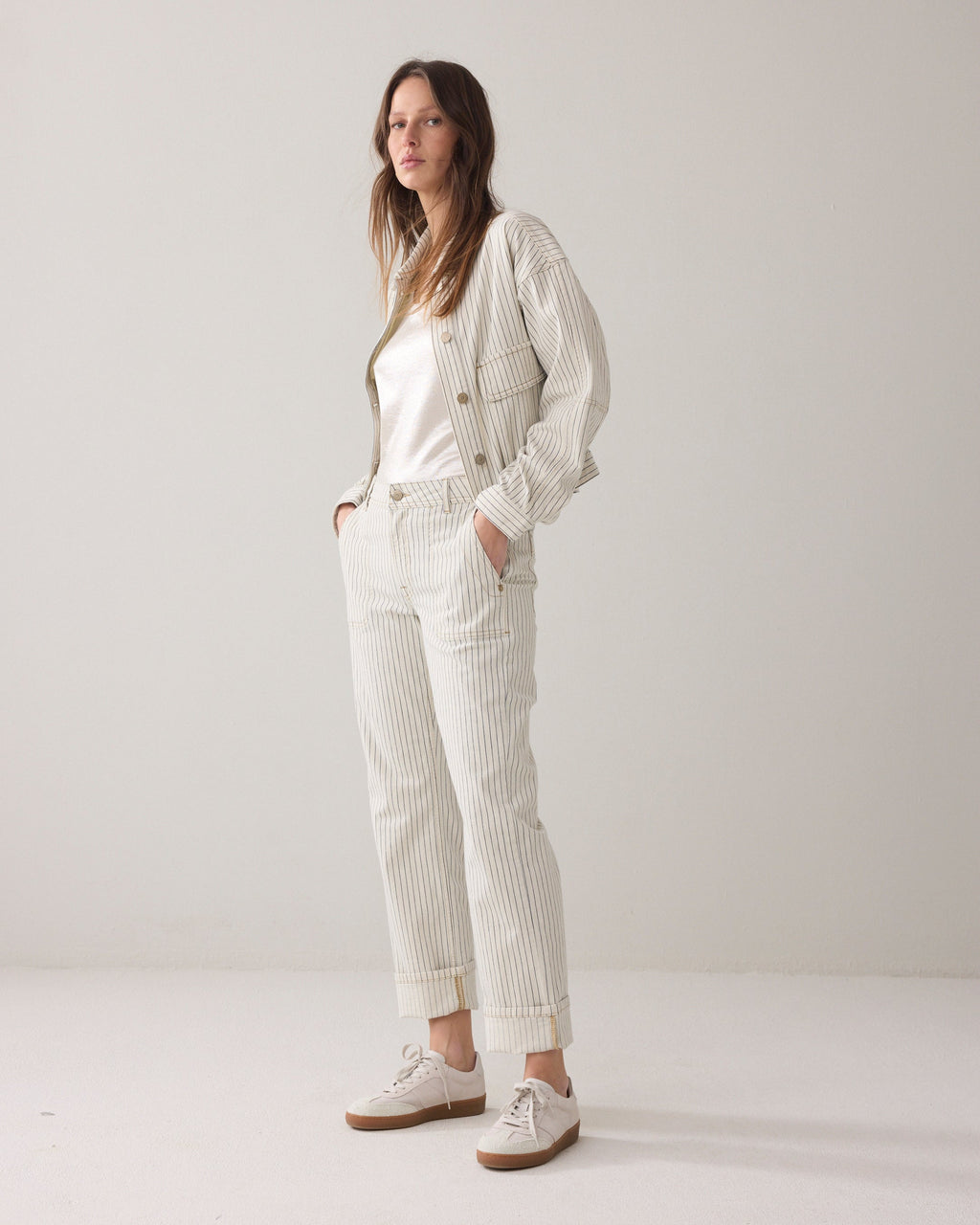 Denim broek met visgraatstreep