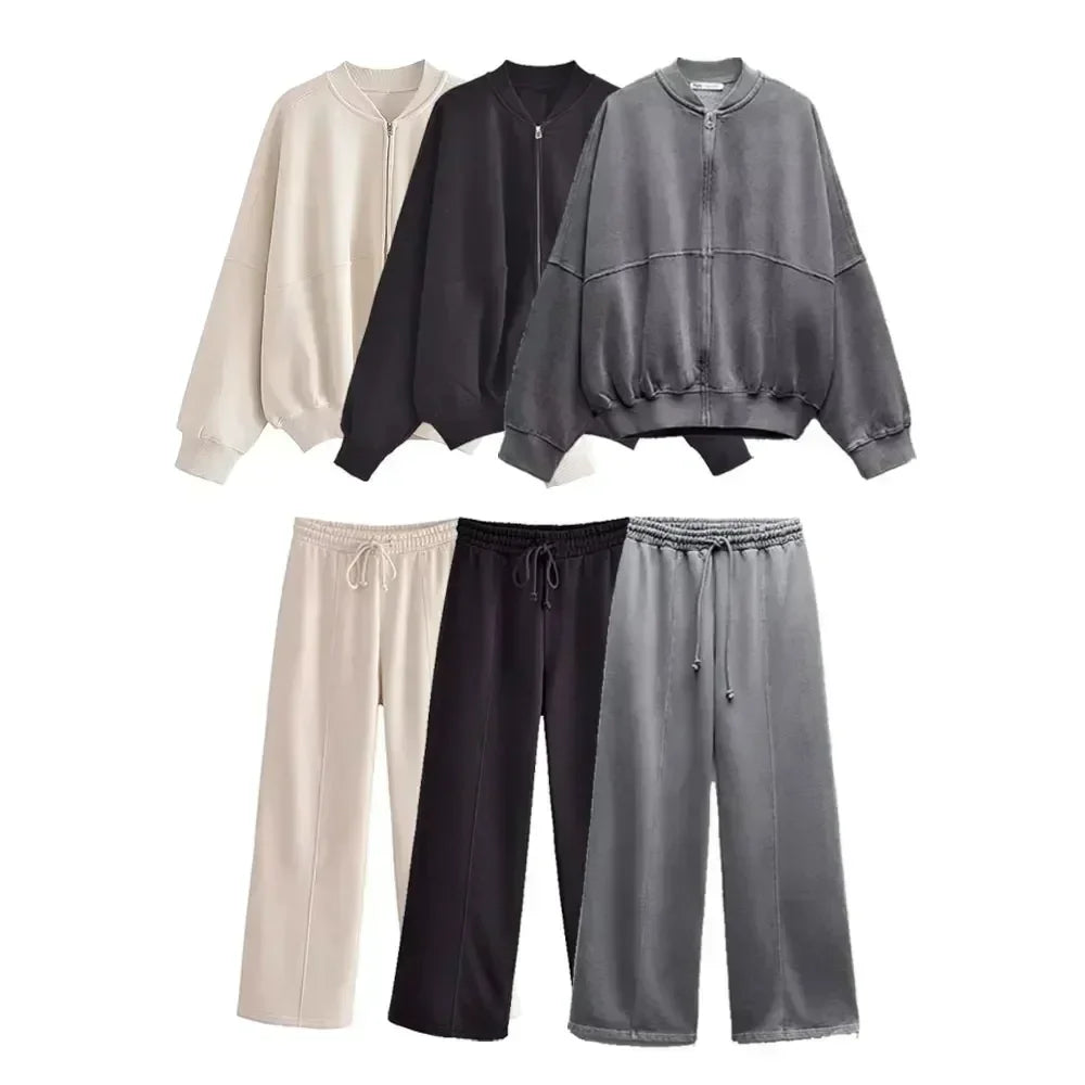2025 Winter Damesmode Sets 2-delig Fleece Sweatshirt Gevoerd Stretch Bomberjack + Hoge Taille Wilde Vrouwelijke Broek