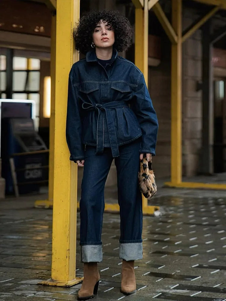 Vintage riem denim jasje broek sets dames revers enkele rij knopen veterjas rechte broek 2026 lente losse dame outfits