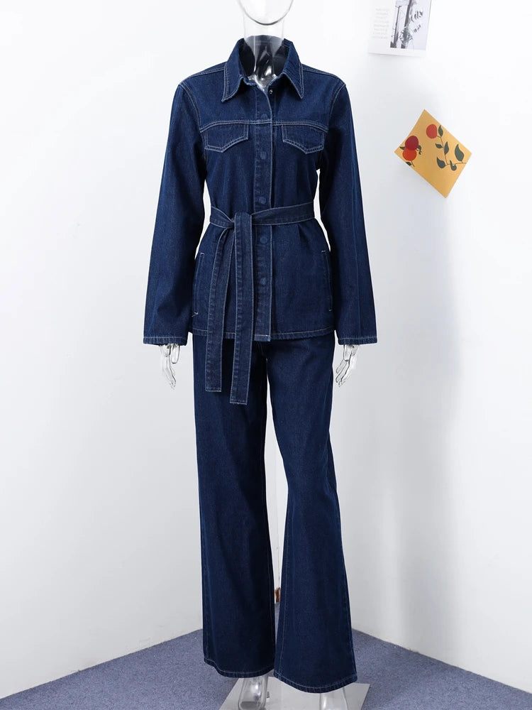 Vintage riem denim jasje broek sets dames revers enkele rij knopen veterjas rechte broek 2026 lente losse dame outfits