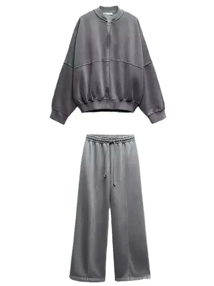 2025 Winter Damesmode Sets 2-delig Fleece Sweatshirt Gevoerd Stretch Bomberjack + Hoge Taille Wilde Vrouwelijke Broek