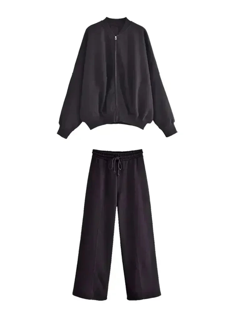 2025 Winter Damesmode Sets 2-delig Fleece Sweatshirt Gevoerd Stretch Bomberjack + Hoge Taille Wilde Vrouwelijke Broek