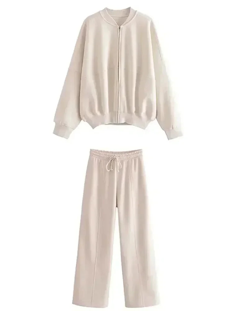 2025 Winter Damesmode Sets 2-delig Fleece Sweatshirt Gevoerd Stretch Bomberjack + Hoge Taille Wilde Vrouwelijke Broek