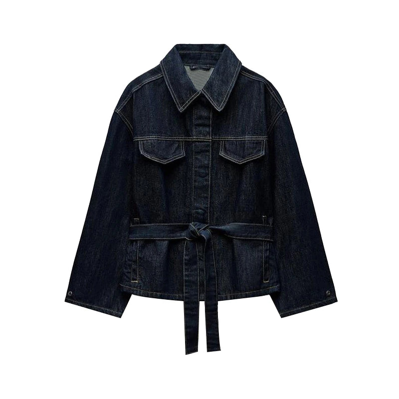 Vintage riem denim jasje broek sets dames revers enkele rij knopen veterjas rechte broek 2026 lente losse dame outfits